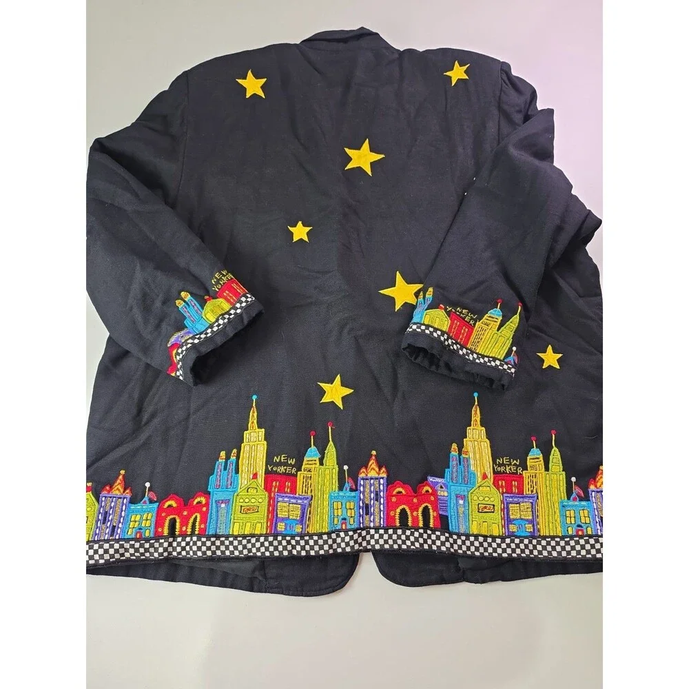 Vintage Womens Anage City Scape New Yorker Blazer Jacket 2X Embroidered Stars